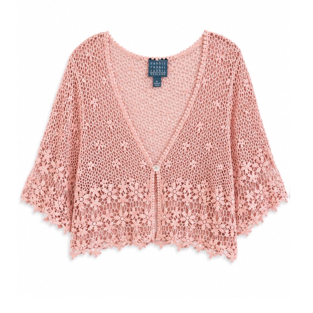 Rabbit Rabbit Rabbit Designs Pink Crochet Lace Shrug Cardigan Kimono XL